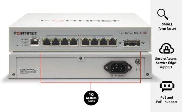 FortiSwitch-108F-POE Switch gestionado FortiSwitch 108F-POE: con 8 puertos PoE+ gigabit y 2 puertos SFP, ideal para accesos seguros con administración desde FortiGate. - imagen 2