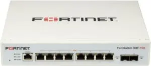 FortiSwitch-108F-POE Switch gestionado FortiSwitch 108F-POE: con 8 puertos PoE+ gigabit y 2 puertos SFP, ideal para accesos seguros con administración desde FortiGate.