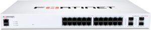FortiSwitch-124F-FPOE: Switch PoE+ de capa 2 compatible con controlador FortiGate, con 24 puertos RJ45 1G con PoE+, 4 puertos SFP+/SFP 10G/1G y 1 puerto de consola RJ45. Salida PoE máxima de 370 W con control inteligente de temperatura y ventilador.
