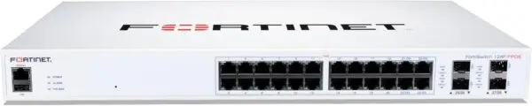 FortiSwitch-124F-FPOE: Switch PoE+ de capa 2 compatible con controlador FortiGate, con 24 puertos RJ45 1G con PoE+, 4 puertos SFP+/SFP 10G/1G y 1 puerto de consola RJ45. Salida PoE máxima de 370 W con control inteligente de temperatura y ventilador. - imagen 1