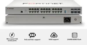 Fortinet FortiSwitch 124G‑FPOE: switch gestionado con 24 puertos Gigabit PoE+ y 4 uplinks SFP+ 10GbE, ideal para acceso seguro integrado con FortiGate y gestión centralizada.