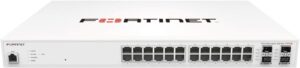 FortiSwitch-224D-FPOE: Switch PoE+ compatible con controlador de switch FortiGate de capa 2/3 con 24 puertos GE RJ45, 4 puertos GE SFP y límite de salida POE automático de 370 W como máximo.