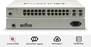 FortiSwitch 224E-POE: Switch PoE+ compatible con controlador de switch FortiGate de capa 2/3 con 24 puertos GE RJ45, 4 puertos GE SFP y límite de salida POE automático de 180 W como máximo.