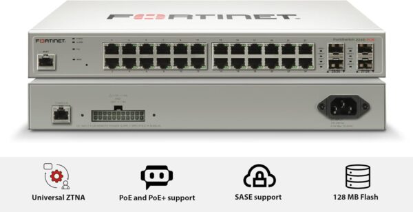 FortiSwitch 224E-POE: Switch PoE+ compatible con controlador de switch FortiGate de capa 2/3 con 24 puertos GE RJ45, 4 puertos GE SFP y límite de salida POE automático de 180 W como máximo. - imagen 2