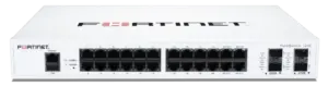 FortiSwitch-124F solo equipo: Switch de capa 2 compatible con controlador FortiGate con 24 puertos RJ45 1G, 4 puertos SFP+/SFP 10G/1G y 1 puerto de consola RJ45. Sin ventilador.
