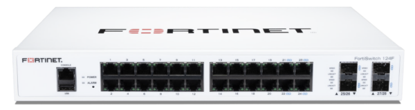 FortiSwitch-124F solo equipo: Switch de capa 2 compatible con controlador FortiGate con 24 puertos RJ45 1G, 4 puertos SFP+/SFP 10G/1G y 1 puerto de consola RJ45. Sin ventilador. - imagen 1
