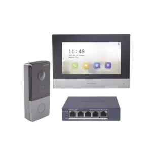 Kit de Videoportero IP + Switch Poe Poe Estandar con llamada a App de Smartphone (HikConnect) / Apertura con tarjeta MIFARE / Frente de calle IP65 / Soporta 1 Departamento