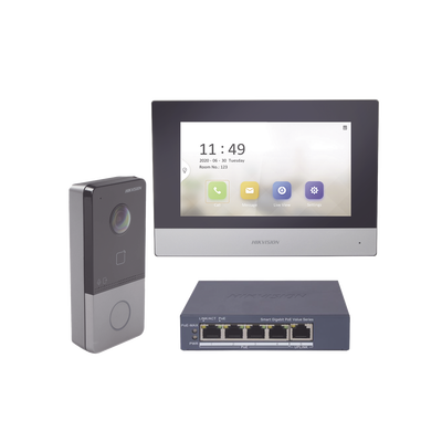 Kit de Videoportero IP + Switch Poe Poe Estandar con llamada a App de Smartphone (HikConnect) / Apertura con tarjeta MIFARE / Frente de calle IP65 / Soporta 1 Departamento - imagen 1