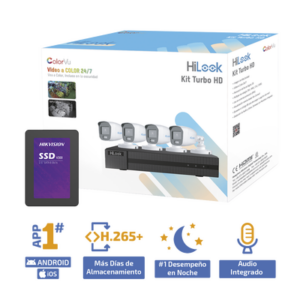 Kit TurboHD 1080p + SSD 1 TB / DVR 4 Canales / 4 Cámaras Bala ColorVu con Micrófono Integrado / Fuente de Poder / Accesorios de Instalación