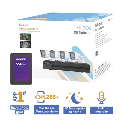 Kit TurboHD 1080p + SSD 500 GB / DVR 4 Canales / 4 Cámaras Bala ColorVu con Micrófono Integrado / Fuente de Poder / Accesorios de Instalación - imagen 2