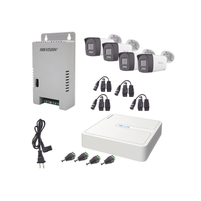 Kit HiLook Audio Bidireccional TurboHD 1080p / DVR 4 Canales / 4 Cámaras Bala (Exterior) con Bocina y Micrófono Integrado / 1 Fuente de Poder / Accesorios - imagen 1