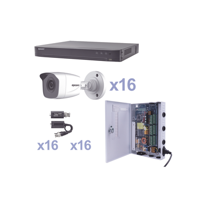 KIT TurboHD 1080p / DVR 16 Canales / 16 Cámaras Bala (exterior 2.8 mm) / Transceptores / Conectores / Fuente de Poder Profesional - imagen 1
