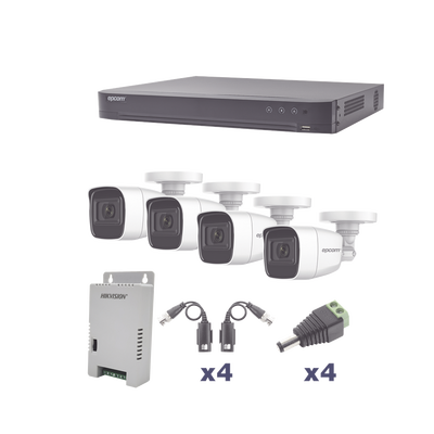 KIT TurboHD 1080p / DVR 4 Canales / 4 Cámaras Bala Policarbonato con Audio Integrado (exterior 2.8 mm) / Transceptores / Conectores / Fuente de Poder Profesional - imagen 1