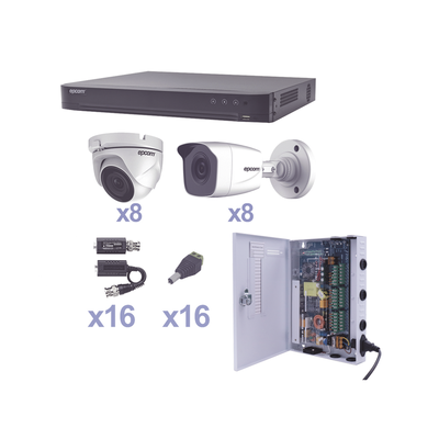 KIT TurboHD 1080p / DVR 16 Canales / 8 Cámaras Bala (exterior 2.8 mm) / 8 Cámaras Eyeball (exterior 2.8 mm) / Transceptores / Conectores / Fuente de Poder Profesional - imagen 1