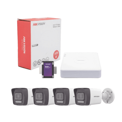 Kit IP 4 Megapixel / NVR de 4 Canales con 4 Puertos PoE / 4 Cámaras IP Bala Dual Light (IR + Luz Blanca) con Microfono Integrado y ACUSENSE Lite para Exterior/ Bobina de Cable de 100 mts / SSD de 1 TB - imagen 1